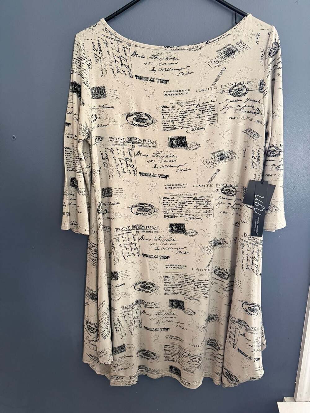 UbU Clothing Bamboo Rayon Postcard Print 3/4 Sleeve A-Line Tunic Dress